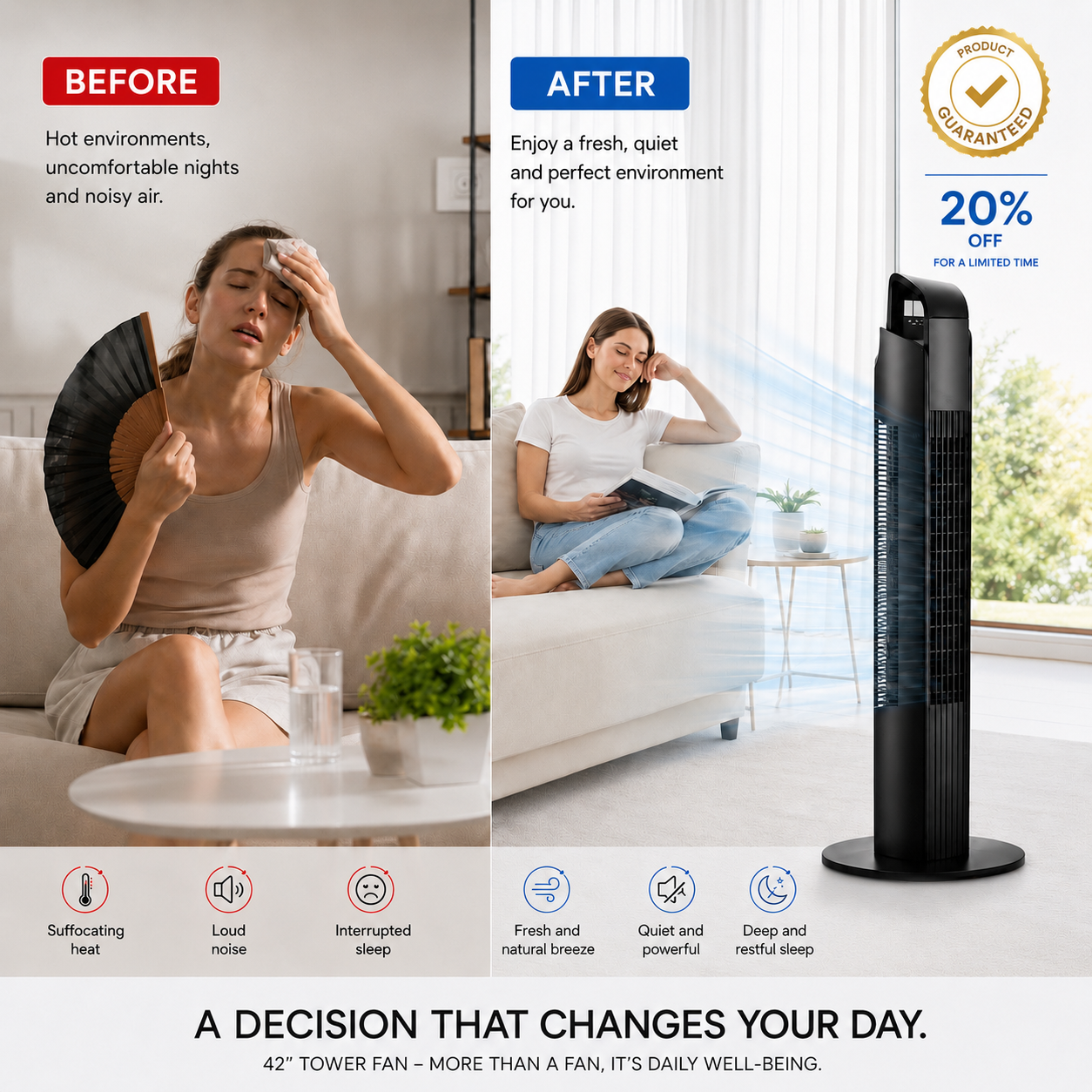 AIRVEK 42” Oscillating Tower Fan 3 Speed Portable Fan Tower With Remote Control Quiet Operating Floor Fan for Bedroom with 7.5 Hr Auto Off Timer Modern Design Room Cooling Fan For Home & Office