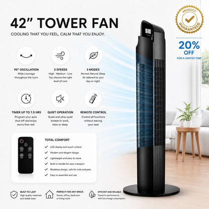 AIRVEK 42” Oscillating Tower Fan 3 Speed Portable Fan Tower With Remote Control Quiet Operating Floor Fan for Bedroom with 7.5 Hr Auto Off Timer Modern Design Room Cooling Fan For Home & Office